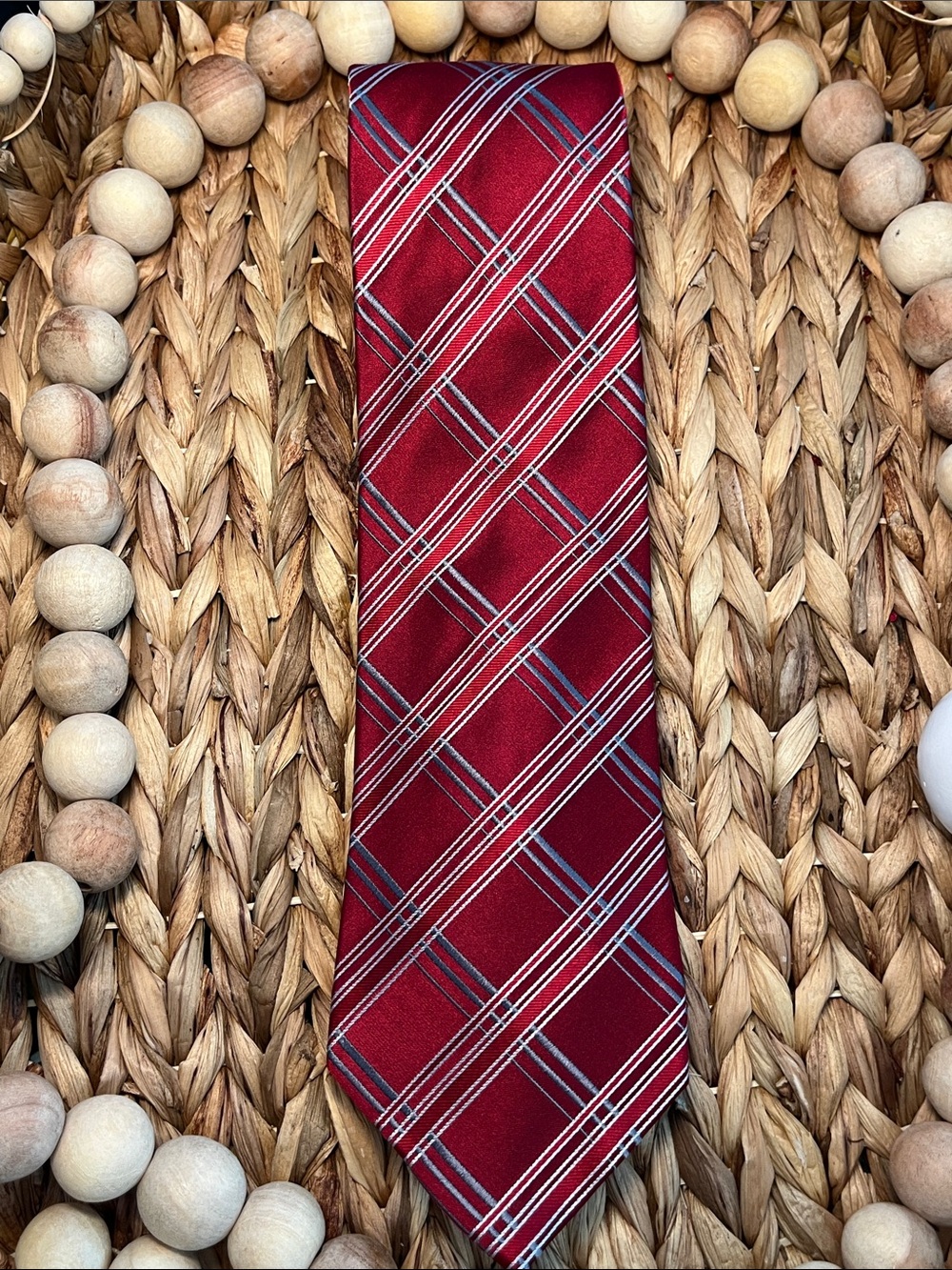 Red Plaid Silk Tie with Gray and White Stripes